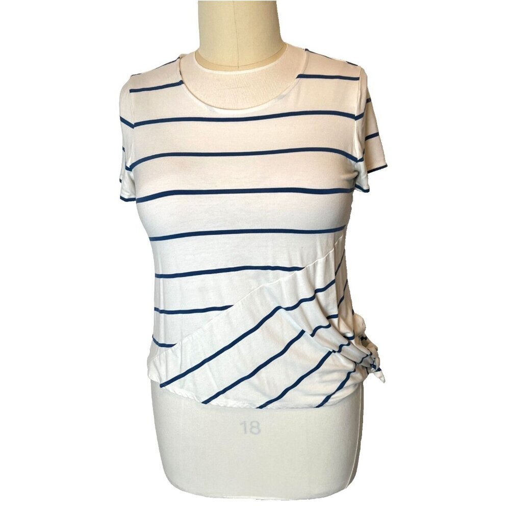Chico's - Women's L White, Blue Diagonal Striped Asymmetric Tie Hem Short Sleeve